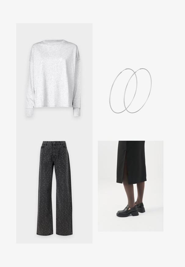 Šedé tričko s dlouhým rukávem vyrobené z měkké, lehké látky. Má kulatý výstřih, spadlé ramena a žebrované manžety. Jednoduchý, minimalistický design.; Noisy May NMJANNEL LOOSE - Džíny Relaxed Fit - black denim; Černé kožené boty s kulatou špičkou, silným blokovým podpatkem a elastickými bočními akcenty, spárované s tmavými punčochami a černou sukní se rozparkem.; Stříbrné kruhové náušnice s minimalistickým designem. Kruh, hladký povrch a tenký profil. Lehká konstrukce s lesklým povrchem.