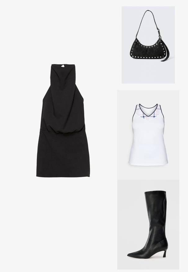 Witte sportieve tanktop met een V-hals en een geruit patroon in marineblauw en rood op het bovenstuk. Soepele, lichte stof.; Zwarte mouwloze jurk met een hoge hals, met een gathering in de taille en een keyhole-detail aan de achterkant. Glad stof met een eenvoudig ontwerp.; Zwarte leren kniehoge laarzen met een puntige neus en een bescheiden hak. Gladde textuur en slank ontwerp met subtiele stikseldetails.; Zwarte nepleren handtas met een gebogen vorm, versierd met ronde metalen studs langs de rand, met een ritsluiting en een lange schouderband.