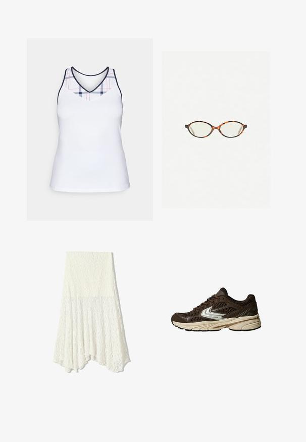White athletic tank top featuring a v-neck and a checkered pattern in navy and red on the upper part. Smooth, lightweight fabric.; White lace skirt with a textured pattern, featuring an asymmetrical hemline and a flowing silhouette, made from lightweight fabric.; Brown athletic shoe featuring mesh panels, a white accent design, a cushioned rubber sole, and a textured fabric upper for breathability.; Tortoiseshell eyeglasses with oval lenses and a sleek, smooth finish. Features thin sides with a subtle curve at the temples. Clear lenses.