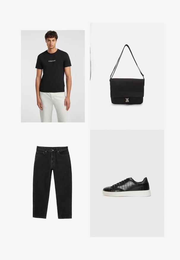Svart bomullströja med korta ärmar, med en vit "GUESS JEANS" logotyp centrerad på bröstet. Modellen matchar den med vita byxor.; Svarta högmidjade raka denimjeans med framknapp, dragkedja, bälteshällor och femficksdesign.; Svarta sneakers med en texturerad läderöverdels i krokodilprägling, rund tå och en kontrasterande vit gummisula med en slät yta.; Svart messenger väska i slät material med en vikbar klaff, silverfärgade spännen och justerbar axelrem.