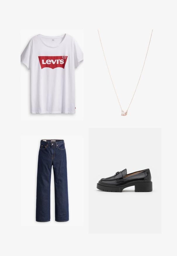 White cotton t-shirt featuring a prominent red Levi’s logo within a red tab shape. Short sleeves and a round neckline, casual fit.; Light blue blouse made of shiny fabric, featuring a classic collar, button front, puffed sleeves, and a tiered, ruffled hemline.; Dark blue straight-leg denim jeans with five pockets, orange stitching, and a button fly closure.; Black leather loafer with a low block heel, rounded toe, decorative strap, and textured stitching detail on the upper. Smooth finish.; Rose gold necklace with a swan pendant, embellished with clear crystals. The chain features a delicate link design.