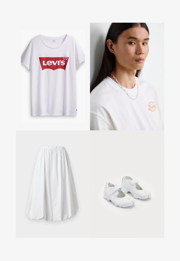 White cotton t-shirt featuring a prominent red Levi’s logo within a red tab shape. Short sleeves and a round neckline, casual fit.; White, knee-length skirt with an elasticated waistband and a balloon shape. Made from lightweight fabric with a smooth texture.; White athletic shoes featuring a textured upper, adjustable Velcro strap, rounded toe, and a chunky sole with distinct tread pattern.; White cotton T-shirt with orange logo, featuring a silver chain necklace with interlocking links, displayed against a neutral background.