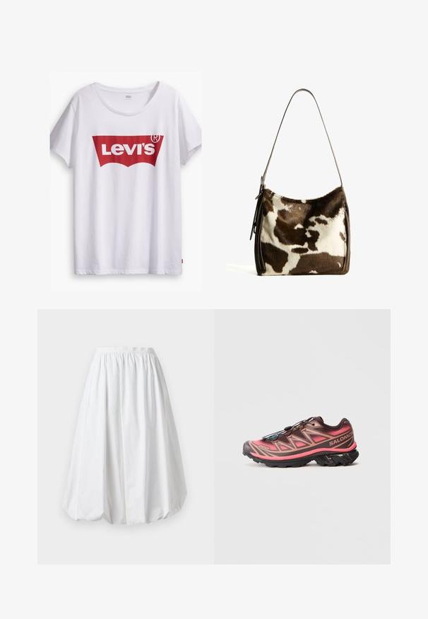 Weißes Baumwoll-T-Shirt mit einem auffälligen roten Levi’s-Logo in Form eines roten Labels. Kurzarm und mit rundem Halsausschnitt, lässige Passform.; Weißer, knielanger Rock mit einem elastischen Bund und einer Ballonform. Hergestellt aus leichtem Material mit glatter Textur.; Trailrunning-Schuh mit einem Verlauf in Braun und Pink, der eine strukturierte Oberseite, eine schwarze Laufsohle und ein einzigartiges Schnürsystem aufweist.; Braune und cremefarbene Kuhhaut-Umhängetasche mit einem glatten Ledertrageriemen, Reißverschluss und einer weichen, strukturierten Oberfläche mit einem natürlichen Muster.