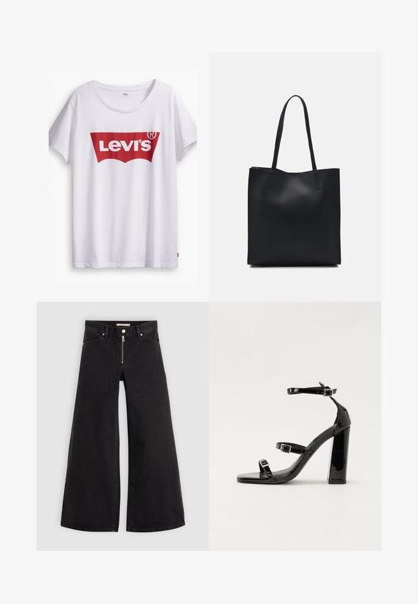 T-shirt bianca in cotone con un grande logo rosso Levi's all'interno di una forma a etichetta rossa. Maniche corte e scollo rotondo, vestibilità casual.; Jeans a gamba larga in denim nero con chiusura a zip, design a cinque tasche e dettagli di cucitura sottili. Texture morbida e stile casual.; Sandali con tacco in vernice nera, con punta squadrata, cinturini alla caviglia e fibbie in argento. Presentano un tacco a blocco spesso per maggiore stabilità.; Borsa tote in pelle nera con texture liscia, forma rettangolare e due manici lunghi. Nessun hardware o decorazione visibile.