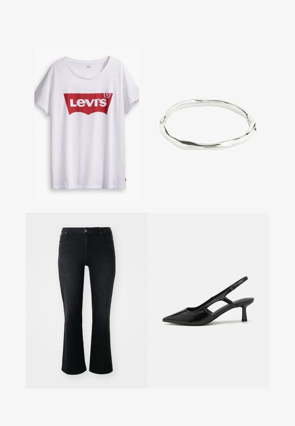 Camiseta de algodón blanca con un destacado logotipo rojo de Levi's dentro de una forma de etiqueta roja. Mangas cortas y cuello redondo, ajuste casual.; Pantalones vaqueros de mezclilla negra con cintura media, botón delantero, dos bolsillos frontales, dos bolsillos traseros y corte de pernera acampanada.; Tacones de slingback negros con punta afilada, hechos de material brillante, que presentan acentos recortados y un tacón moderado para mayor soporte.; Brazalete de metal plateado con un diseño ondulado e irregular. Superficie lisa con un acabado pulido que refleja la luz. Forma circular sin acentos notables.