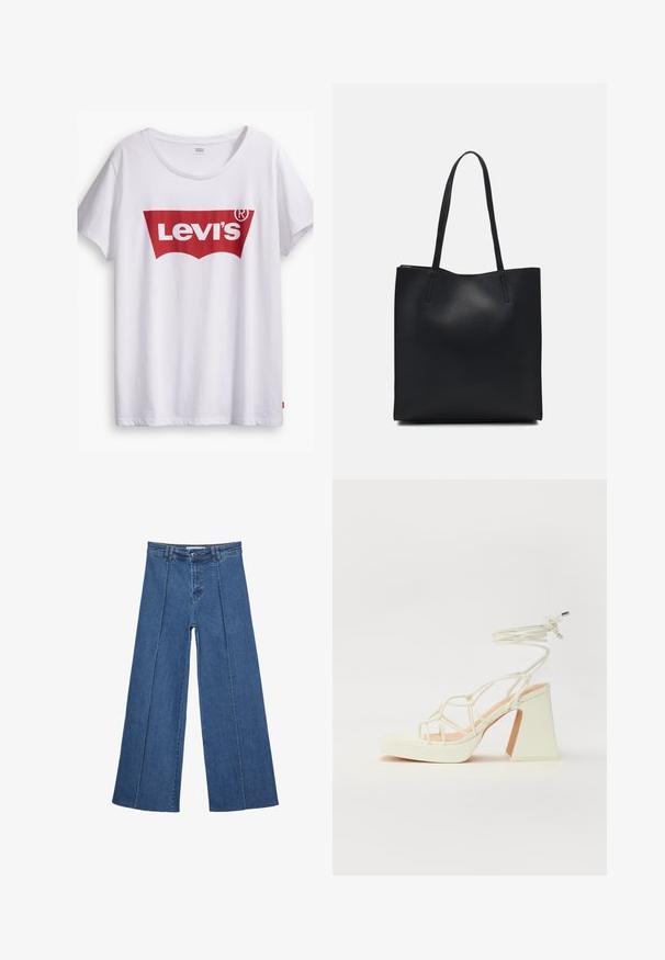 Biely bavlnený tričko s výrazným červeným logom Levi's v tvare červenej štítu. Krátke rukávy a okrúhly výstrih, voľný strih.; Rovné džínsy s širokými nohavicami v strednom modrom odtieni, so zvýšeným pásom, zapínaním na gombík a kontrastnými vertikálnymi švami pozdĺž prednej strany.; Biele sandále na vysokom opätku s hrubým podpätkom, s pruhovaným dizajnom a viazaním na členku. Hladký povrch s platformou vpredu pre zvýšenú výšku.; Čierna kožená taška na rameno s hladkým povrchom, obdĺžnikovým tvarom a dvoma dlhými uchami. Bez viditeľného kovania alebo ozdôb.