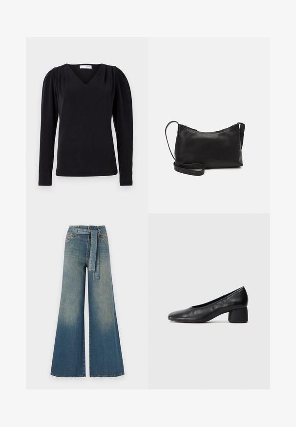 Fekete, hosszú ujjú felső V-nyakkal, gyűrt vállrészletettel és karcsú fazonnal. Puha, texturált anyagból készült.; Bőszárú farmernadrág, világos és sötétkék árnyalatokkal, magas derekú, övgyűrűkkel és a nadrággal megegyező anyagú övvel. Textúrált farmer kivitel.; Fekete bőr magassarkú cipő, lekerekített orral és közepes blokk sarkú. Simább textúrájú, minimális díszítéssel, finom elasztikus nyílással.; Fekete bőr válltáska sima felülettel, ívelt formával, állítható pánttal és cipzáras záródással. Minimalista dizájn díszítmények nélkül.