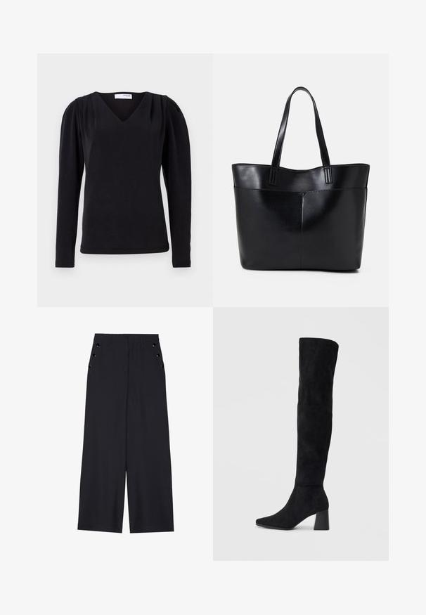 T shirt preto de manga longa com decote em V, apresentando detalhes de ombro franzido e um fit justo. Feito de um tecido macio e texturizado.; Calças largas de tecido azul marinho escuro, com uma textura suave, pregas frontais e ilhoses decorativos em tom dourado nos bolsos laterais.; Bota de camurça preta até ao joelho com salto bloco, bico fino e design suave e sem costuras sobre um fundo claro.; Bolsa tote preta em couro com duas alças longas, textura suave e forma estruturada. Apresenta um bolso frontal para armazenamento adicional.