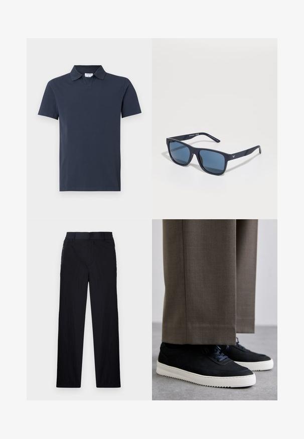 Marineblå polo skjorte laget av bomull, med klassisk krage, korte ermer, og rett nederkant, med et minimalistisk design.; Sorte bukser med lett og teksturert stoff, rett ben-design, elastisk midjebånd og sidelommer med glidelås.; Svarte suedeglans sneakers med hvite gummisåler, med rund tå og lisser, iført grå skreddersydde bukser.; Blå rektangulære solbriller med mørke linser, matt marineblå ramme, logo-detajler på stengene, rette armer og en solid, glatt tekstur.