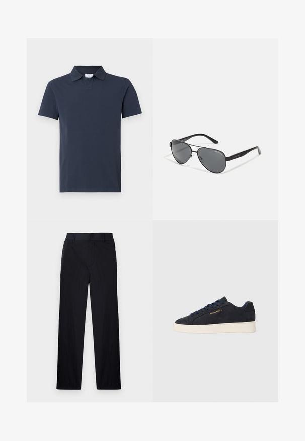 Marineblå polo skjorte laget av bomull, med klassisk krage, korte ermer, og rett nederkant, med et minimalistisk design.; Sorte bukser med lett og teksturert stoff, rett ben-design, elastisk midjebånd og sidelommer med glidelås.; Marineblå ankelhøyde sneakers i semsket skinn med hvit såle, marineblå snøringer, og "Filling Pieces"-logo i gull på siden.; Svarte pilotbriller med mørke linser, tynn metallramme og slanke plastarmer med logo aksenter.