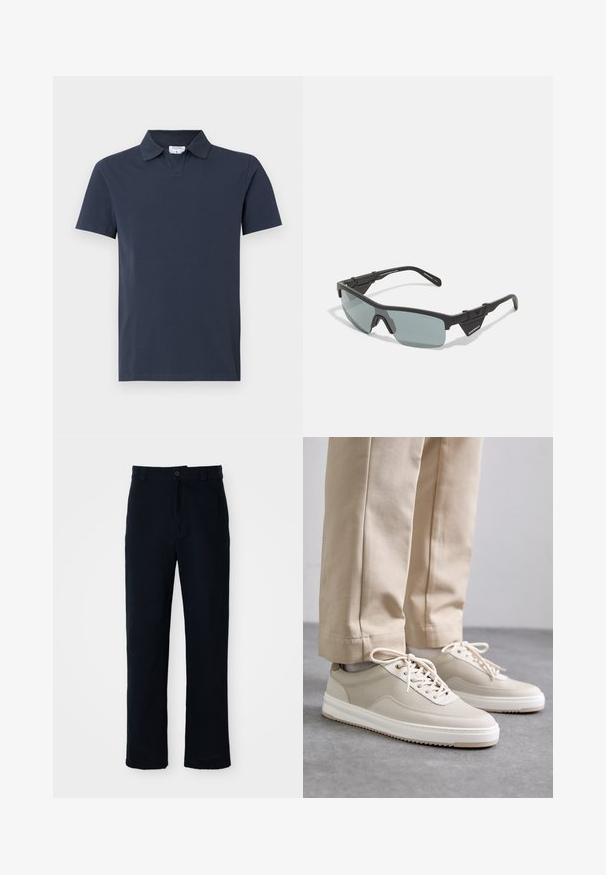 Námořnická modrá polo tričko vyrobené z bavlny, s klasickým límcem, krátkými rukávy a rovním spodním lemem, s minimalistickým designem.; Námorně modré kalhoty vyrobené ze 100 % bavlny, s rovnými nohavicemi, předním zapínáním na knoflík a klasickým pasem s poutky na pásek.; Beige tenisky s texturovaným svrškem, bílými podrážkami a prošívanými detaily, v kombinaci s béžovými kalhotami, vystavené na šedém povrchu.; Černé sportovní sluneční brýle se šedými tónovanými skly, ostrým rámem, zesílenými rohy a nastavitelnými nosními podložkami pro bezpečné uchycení.