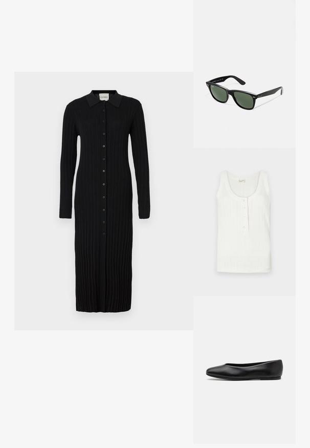 Valkoinen hihaton paita, joka on valmistettu ribbikankaasta ja jossa on syvä kaula-aukkko sekä viisi nappisuljettavaa etupaneelia. Ei kuvioita tai korostuksia.; Musta ribbed-neulemekko, jossa on pitkät hihat, kaulus ja napitus edessä. Kangas on teksturoitu ja siinä on pystysuoria viivoja.; Paul Smith TOPANGA - Ballerinat - black; Mustat muoviset aurinkolasit, joissa on vihreät linssit, neliönmuotoiset kehykset, hopeinen yksityiskohta kulmakarvojen kohdalla sekä tekstuuriset temppeleiden varret. Brändi ilmoitettu sisävarsissa.