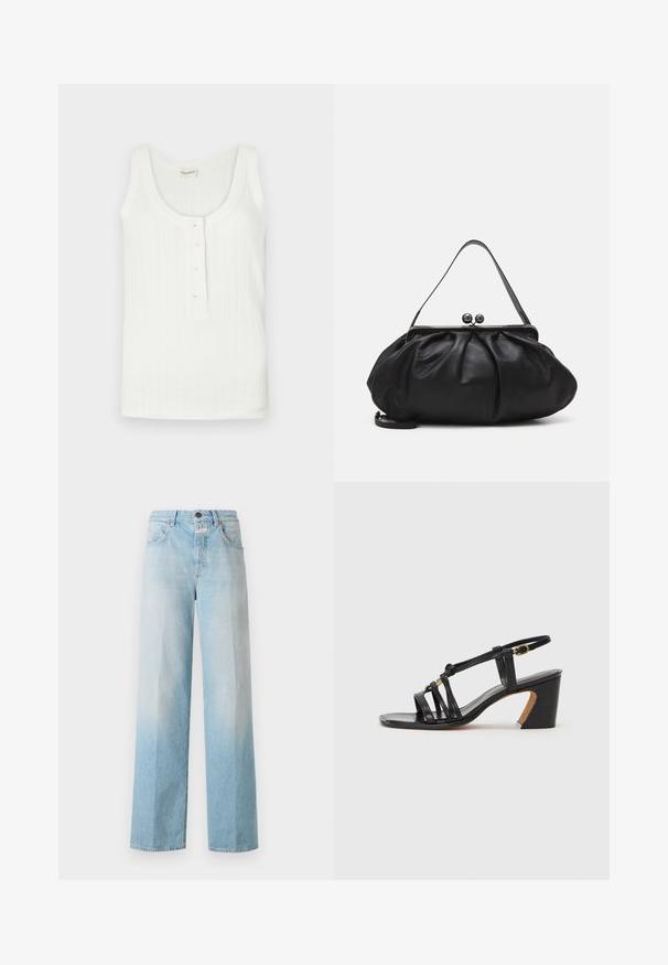 Balta bezšuvju augšdaļa izgatavota no ribota auduma, kas iezīmē izgriezumu un piecus pogu aizdari priekšpusē. Bez rakstiem un akcentiem.; Gaiši zili denim platielka džinsi ar izbalētu gradientu, ar klasisku piecu kabatu dizainu un metāla pogu aizdari.; Paul Smith AMIRA - Klasiski papēži - black; Melna ādas rokassoma ar noapaļotu, krokotu dizainu. Iezīmes metāla aizdare ar diviem dekoratīviem lodīšiem un plānu, noņemamu siksnu.