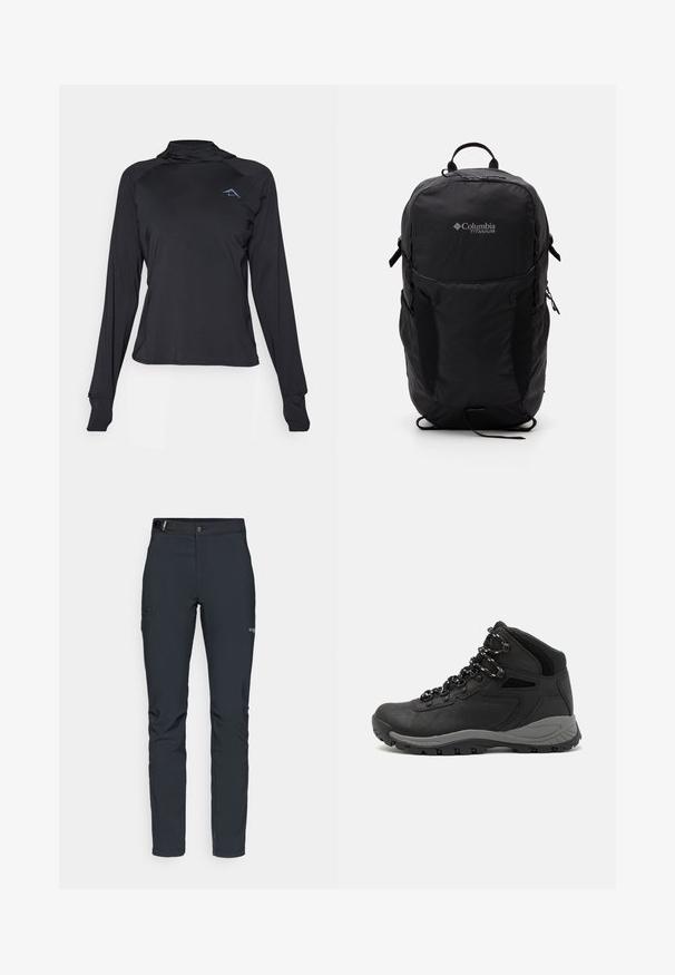 Schwarzes athletisches Langarmshirt mit hohem Kragen, schmaler Passform und Logodetail auf der Brust. Glatter, leichter Stoff.; Herren Outdoor-Hosen, dunkelgrau, aus flexiblem Material, mit einem Gürtel, Reißverschlusstaschen und verstärkten Nähten.; Schwarzer Wanderstiefel mit einem mittelhohen Design, ausgestattet mit einer strukturierten Oberfläche, grauen Akzenten und einer robusten Gummisohle mit Profilstollen.; Schwarzer Columbia Titanium Rucksack mit glatter Stofftextur, Seitentaschen, Oberhandgriff und verstellbaren Trägern. Minimalistisches Design mit dezentem Branding.