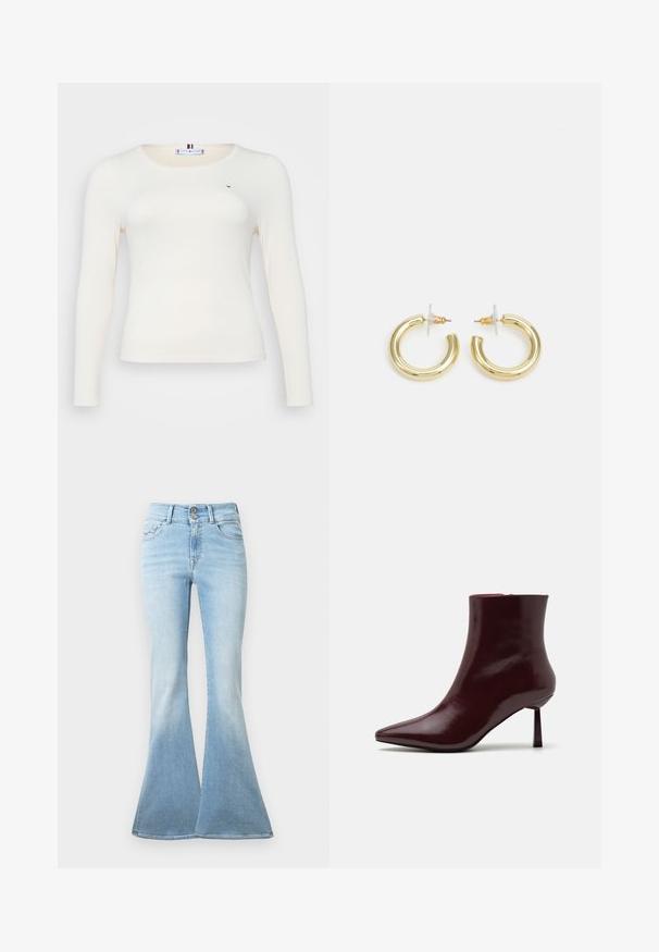 Haut à manches longues en maille côtelée de couleur blanc cassé avec un col rond. Présente un petit logo et une coupe ajustée pour un look élégant.; Jean évasé bleu clair en denim. Caractéristiques : taille haute avec deux boutons et léger délavage vers l'ourlet. Design classique à cinq poches.; Bottine en cuir verni bourgogne avec un bout pointu et un talon aiguille Slim, présentant une texture lisse et brillante et un design minimaliste.; Boucles d'oreilles en or avec une finition lisse et brillante. Design circulaire présentant un petit clou et une attache transparente pour un port sécurisé.