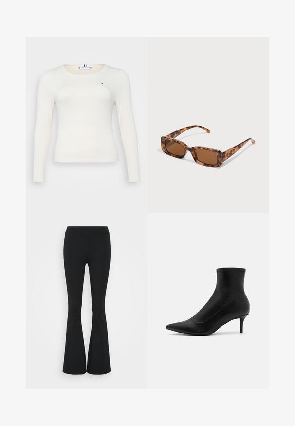 Langermet, ribbestrikket topp i off-white med rund halslinning. Har en liten logodetalj og en tettsittende fasong for et elegant utseende.; Svarte flared bukser laget av elastisk stoff, med høy midje og en glatt tekstur. Buksene vidder ut fra kneet.; Sorte ankelstøvler laget av glatt skinn med spiss tå og en kort, slank hæl. Har et sømløst design og subtile sømdetaljer.; Skilpadde-solbriller med rektangulære brune linser, en tykk ramme og smale stenger som har et mønster av varierende nyanser av brunt.; Sett med gull- og sølvøreringer som inneholder to hoop-design: det ene er glatt med en halvmåneform, mens det andre har lag på lag med sirkulære ringer.