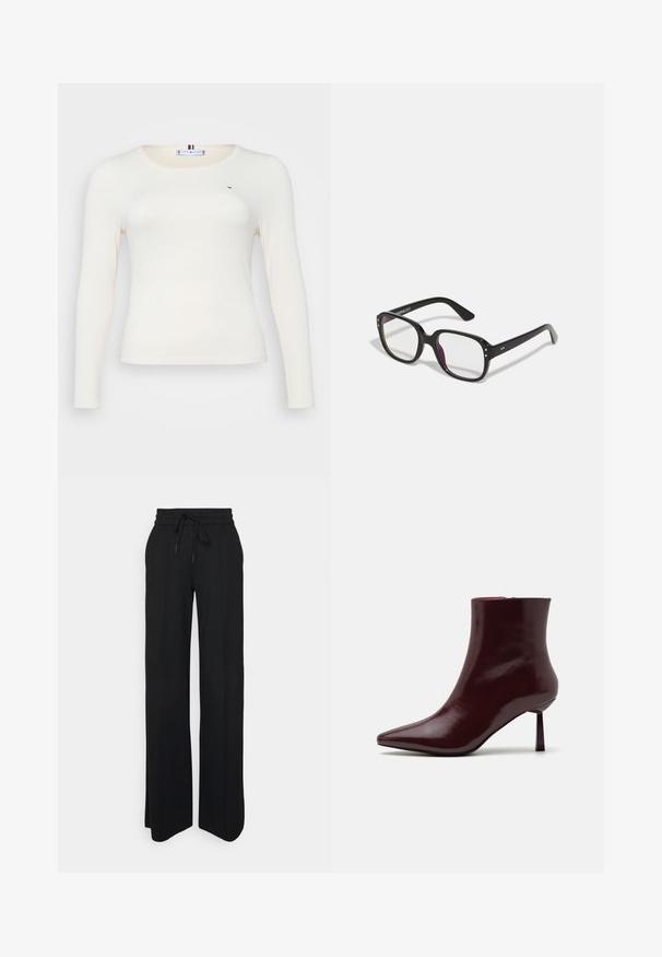 Dlouhý rukáv, žebrovaný top v odstínu off-white s kulatým výstřihem. Obsahuje malé logo a má přiléhavý střih pro elegantní vzhled.; Černé široké kalhoty vyrobené z měkké látky. Mají elastický pás s šňůrkou, čisté linie a žádné viditelné vzory nebo akcenty.; Burgundské lakované kozačky po kotníky se špičatou špičkou a štíhlým jehlovým podpatkem, s hladkou, lesklou texturou a minimalistickým designem.; Černé obdélníkové brýle s průhlednými skly, zaoblenými okraji a bočními akcenty, s lesklým povrchem na rámu a nožičkách.