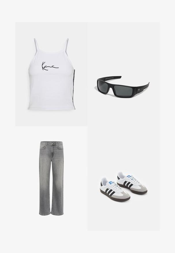 Bijela bezrukavna crop majica od pamuka, s crnim vezivanim tekstom. Bočna panela prikazuje tkaninu s uzorkom, dodajući teksturu.; Široke traperice od sive denim tkanine, s visokim strukom, pet džepova, prednjim zatvaranjem na dugme i suptilnim izbljeđivanjem na tkanini.; Sportske cipele s gornjištem od bijele kože, sivi suedinasti nos i tri crne pruge. Imaju plavi logo na jeziku i teksturiranu gumenu podlogu.; Crne sunčane naočale sa pravokutnim okvirom, tamno sivim lećama i glatkom plastičnom površinom. Značajan logo na strani.; Crna najlon torba za rame s zakrivljenim oblikom, srebrnim lančićem, odvojivom mini torbicom i podesivim remenom; sadrži logotip "Steve Madden".