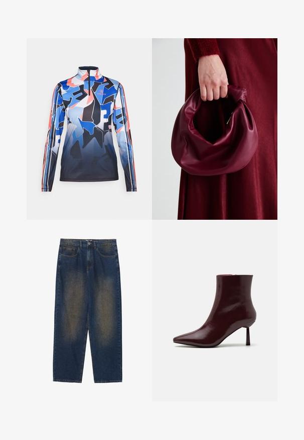 Bogner Fire + Ice Longsleeve - multicolor; Blauwe denimbroek met een ontspannen pasvorm, middelmatige wassing, vijf zakken, knoopsluiting en licht vervaagde delen aan de voorkant.; Bordeaux patentleren enkelboot met een spitse neus en een slanke stilettohak, met een gladde, glanzende textuur en een minimalistisch ontwerp.; Bordeaux leren handtas met een zacht, gegathered ontwerp en een ronde vorm. De handgreep is stevig bevestigd en toont een gladde textuur.