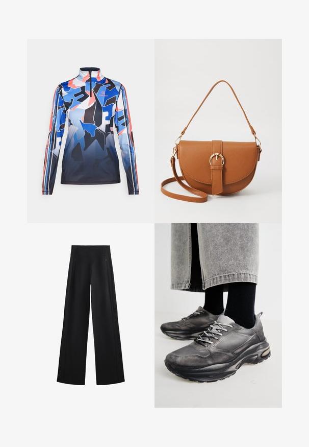 Bogner Fire + Ice Longsleeve - multicolor; Zwarte broek met wijde pijpen van een zachte stof, voorzien van een hoge tailleband en twee ritszakken, met subtiele naden langs de zijkanten.; Zwarte en grijze sport schoenen hebben een mesh bovenkant, dikke zolen en veters. Ze hebben een ronde neus en zichtbare dempingsdetails.; Bruine leren schoudertas met een gebogen vorm, gouden hardware en een gespaccent. Bevat een afneembare schouderriem.