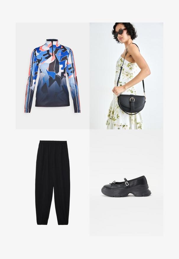 Bogner Fire + Ice Top dugih rukava - multicolor; Crne, lagane hlače s elastičnom stražnjom pasicom i naboranim gležnjevima. Tkanina je glatka i ima opušteni, suženi dizajn.; Crne kožne Mary Jane cipele s okruglim vrhom, detaljem u obliku mašne i podesivom naramenicom oko gležnja. Imaju debeli gumeni đon s zakrivljenim naglascima.; Crna kožna torba s lukovitim oblikom, odvojivim remenom i zlatnim detaljima. Torba ima preklop s kopčom.