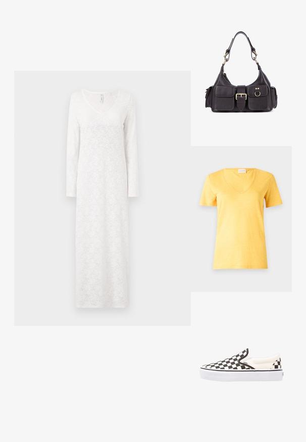 Żółta koszulka z krótkim rękawem i dekoltem w serek, wykonana z lekkiego, lekko teksturowanego materiału. Posiada luźny krój i stębnowane wykończenie.; Biała sukienka z długimi rękawami, zdobiona koronkowym wzorem, z dekoltem w serek, o zwiewnym kroju i teksturowanej tkaninie, sięgająca kostek.; Czarno-białe buty slip-on Vans w kratkę z płóciennym wierzchem, gumową podeszwą i wyściełanym kołnierzem. Płaska, okrągła noska z białymi akcentami na podeszwie.; Czarna skórzana torebka z dwoma przednimi kieszeniami, centralną klamrą i złotymi detalami. Gładka faktura z zaokrąglonym kształtem.