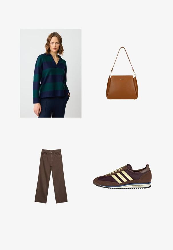 Gestreifter Pullover mit V-Ausschnitt, der abwechselnd dunkelblaue und grüne Streifen zeigt. Aus weichem Material mit lässiger Passform. Lange Ärmel.; Weite braune Jeans aus Denim, mit hoher Taille, Fronttaschen und klassischem Knopfverschluss. Glatte Textur mit feinen Nähten.; Braune und burgunderfarbene Sneaker aus Wildleder und Mesh-Materialien, mit drei cremefarbenen Streifen, strukturiertem Stoff an der Zunge und einer Gummisohle.; Braune Ledertasche mit strukturierter Oberfläche, einem einzelnen Schulterriemen und einem dezenten Logo auf der Vorderseite. Verfügt über ein strukturiertes Design.