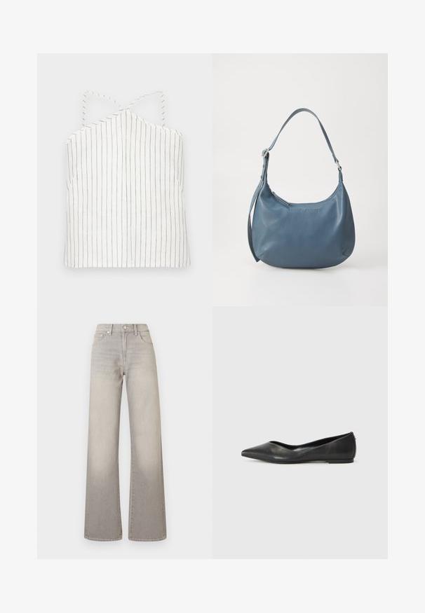 Weißes Cami-Top mit dünnen schwarzen vertikalen Streifen. Verfügt über einen Halterneck mit überkreuzten Trägern und einem geraden Saum. Leichte, glatte Textur.; Graue weit geschnittene Jeans mit einem verblassten Finish, Knopfverschluss, fünf Taschen und gestickten Details entlang der Nähte.; Schwarze Leder-Ballerinas mit spitzem Zehenbereich, niedrigem Absatz und glatter Textur. Minimalistisches Design mit einem dezenten seitlichen Akzent.; Blaue Lederhandtasche mit runder Form, einem Schulterriemen, Reißverschluss und eingeprägtem Markennamen auf der Vorderseite. Glatte Textur.
