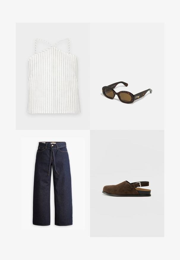 Haut de camisole blanc avec de fines rayures verticales noires. Présente un col halter avec des bretelles croisées et un ourlet droit. Texture légère et lisse.; Jeans en denim bleu foncé à jambes larges, avec une taille haute, dotés d'un lien à cordon, de cinq poches et de détails de couture contrastants.; Chaussure en suédine marron à enfiler avec un petit talon, une sangle ajustable avec une boucle en argent et une semelle en caoutchouc noire.; Lunettes de soleil en écaille de tortue avec des montures ovales, des verres teintés bruns et le logo "Chloé" sur la branche. Matériau en plastique lisse avec finition brillante.; Tote bag en suède marron avec une forme large et une texture douce, dotée d'une seule bandoulière et de matériel minimal sur un fond neutre.