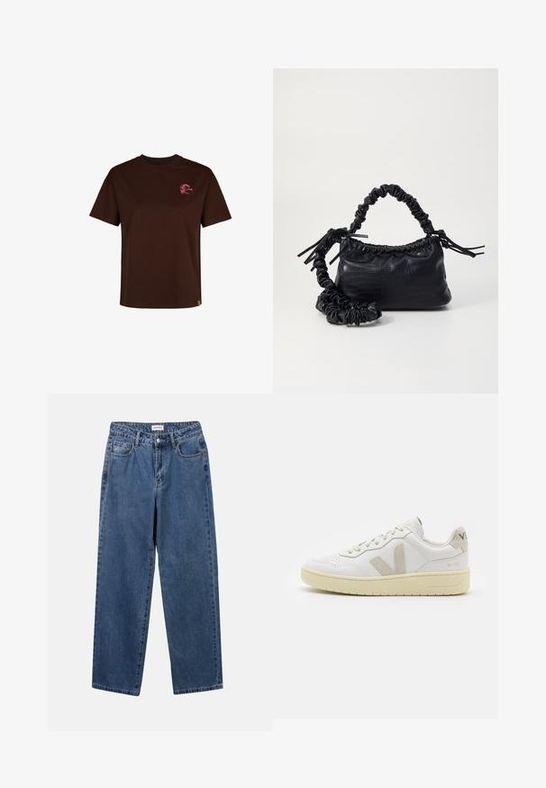 Rudas medvilninis marškinėliai su apvaliu iškirpimu ir trumpomis rankovėmis. Papuošti maža rožine logo ant krūtinės ir tiesia apačia.; Klasikiniai mėlynos džinsinio audinio džinsai su tiesiomis kojomis, penkiomis kišenėmis ir mygtukų uždarymu. Pasižymi vidutiniu skalbimu ir tvirtu audiniu.; Balti odiniai sportbačiai su kreminiais zomšos akcentais, perforuota pirštų dalimi, plokščiomis raišteliais ir struktūruota kreminėmis padomis. Ant kulno yra subtilus ženklinimas.; Juodas dirbtinės odos rankinė su krokodilo tekstūra, sušnibždinta viršuje ir susikraipytu dirželiu. Atrodo minkšta ir kompaktiška.