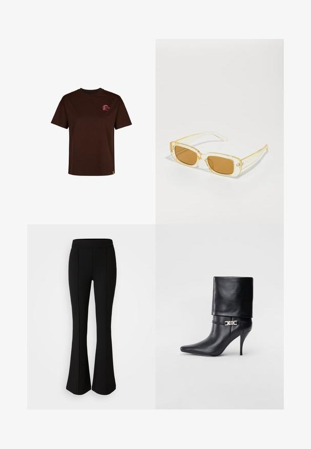 Braunes Baumwoll-T-Shirt mit Rundhalsausschnitt und kurzen Ärmeln. Mit einem kleinen rosa Logo auf der Brust und einem geraden Saum.; Schwarze, ausgestellte Hose aus einem dehnbaren Material mit glatter Textur, ausgestattet mit Nahtdetails an der Vorderseite für ein zusätzliches Designelement.; Schwarze Leder-Ankle-Boots mit spitzer Zehenpartie, hohen Stiletto-Absätzen, umgeschlagenem Schaft und einem goldenen dekorativen Schnallen-Detail an der Knöchel.; Rechteckige Sonnenbrillen mit transparenten gelben Rahmen und braunen Gläsern. Die Bügel weisen dezente Markenkennzeichnungen und eine glatte, glänzende Textur auf.
