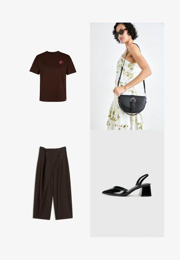 Hnedé bavlnené tričko s okrúhlym výstrihom a krátkymi rukávmi. Obsahuje malé ružové logo na hrudi a rovný lem.; Tmavohnedé široké nohavice s vysokým pásom, s jedným gombíkom a záhybmi vpredu. Vyrobené z ľahkej textílie.; Čierne lakované kožené sandálové podpätky s špicatou špičkou a geometrickým blokovým podpätkom. Disponujú elegantným, minimalistickým dizajnom a hladkým povrchom.; Čierna kožená kabelka s zaobleným tvarom, odnímateľným popruhom a zlatými doplnkami. Kabelka má klopu s detailom s prackou.