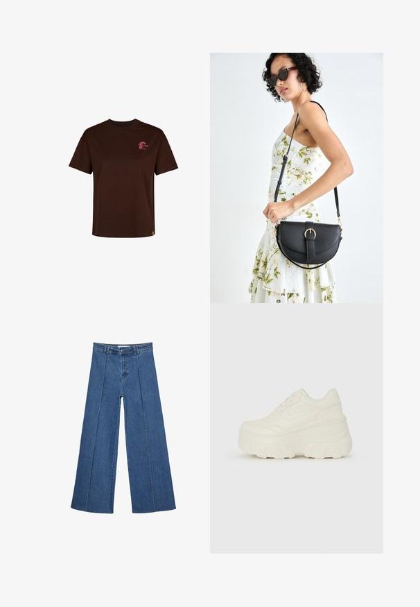 Brun bomulds T-shirt med rund halsudskæring og korte ærmer. Har et lille pink logo på brystet og en lige kant.; Bredde ben denim jeans i mellemblå, med høj talje, knaplukning og kontrasterende lodrette sømdetaljer foran.; Hvide platform sneakers med en glat læderlignende overdel, rund form, polstret krave og struktureret gummisål med definerede riller.; Sort læderhåndtaske med en buet form, aftagelig rem og guldfinish. Tasken har en klap med en spænde detalje.