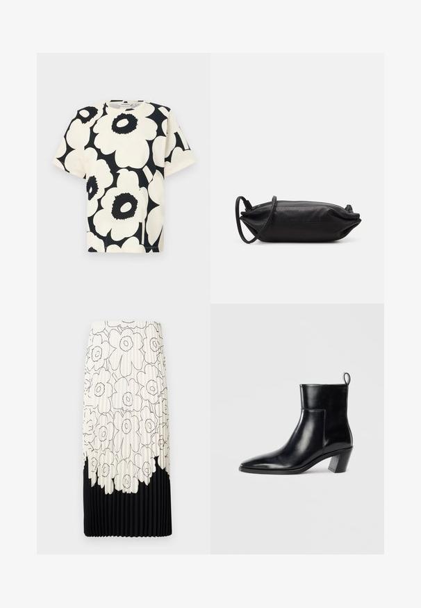 Kortermet T-skjorte i krem med stort svart blomstermønster, rund hals og avslappet passform, laget av mykt bomullsmateriale.; Plissert skjørt med et blomstermønster i svart og hvitt, med en lys toppdel med blomster og en solid svart nederkant.; Sorte skinn ankle boots med spiss tå, geometrisk stablet hæl og en drasnor bak. Glatt tekstur og elegant design.; Svart lær clutchveske med rektangulær form, glatt tekstur, tynn skulderstropp og minimalistisk design.