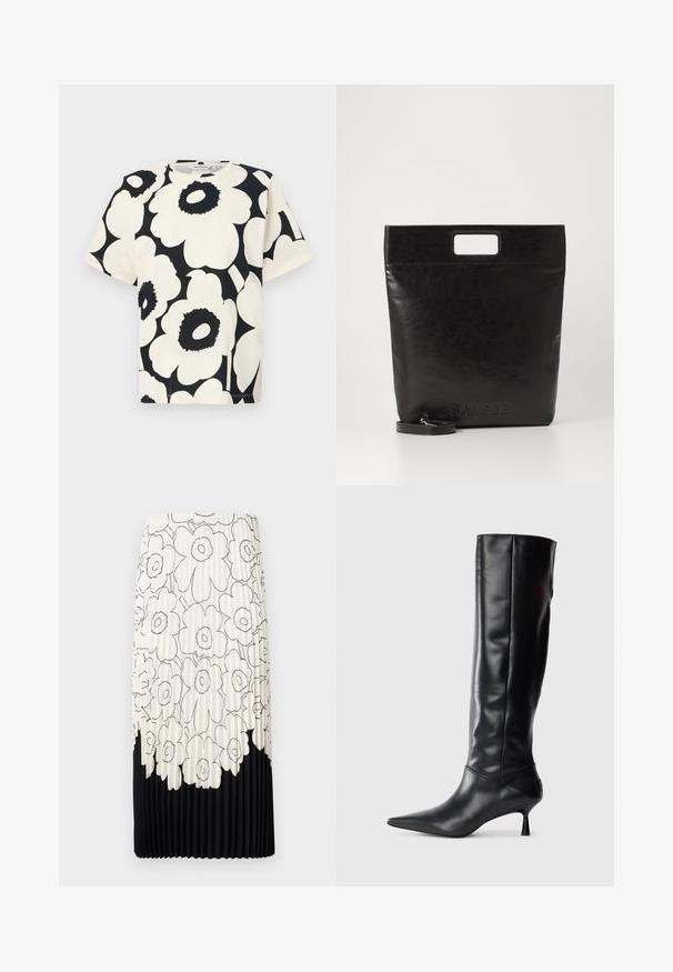 Rövid ujjú, krém színű póló nagy fekete virágmintával, kereknyakú és laza szabású, puha pamut anyagból készült.; Ráncokkal ellátott szoknya fekete-fehér virágmintával, világos felső része virágokkal, az alján pedig egyszínű fekete szegéllyel.; Fekete bőr, térd fölé érő csizma hegyes orral és karcsú, ívelt sarokkal. Sima tapintás, testhez simuló kialakítás, és látható fémalkatrészek vagy minták nélkül.; Fekete bőr bevásárlótáska négyzet alakú fogantyúval, texturált felülettel és dombornyomott logóval. Tartalmaz egy levehető pántot.