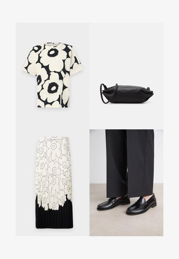Rövid ujjú, krém színű póló nagy fekete virágmintával, kereknyakú és laza szabású, puha pamut anyagból készült.; Ráncokkal ellátott szoknya fekete-fehér virágmintával, világos felső része virágokkal, az alján pedig egyszínű fekete szegéllyel.; Fekete bőr loaferek sima felülettel, varrott részletekkel az orrnál és alacsony gumitalppal. Széles fekete nadrággal párosítva.; Fekete bőrtáska, téglalap alakú, sima textúrájú, vékony vállpánttal és minimalista dizájnnal.