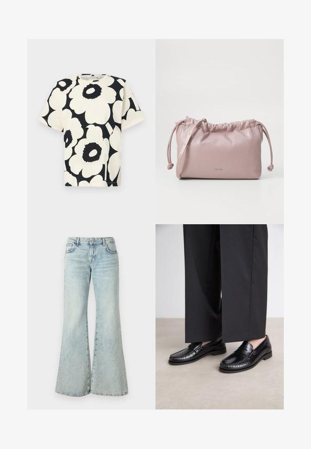 Kortærmet t-shirt i creme med stort sort blomsterprint, rund halsudskæring og afslappet pasform, lavet af blødt bomuldsstof.; Lyseblå flared jeans lavet af denim, med høj talje, lommer og frynset kant. Stoffet har et slidt look og en subtil struktur.; Sorte læder loafers med en glat finish, syet detaljering omkring tæerne og en lav gummisål. Sammen med brede sorte bukser.; Blush pink, glat læder taske med samlet top, snorelukning og en tynd rem. Har et subtilt Calvin Klein-logo på forsiden.
