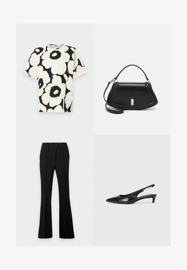 T-shirt à manches courtes en crème avec un grand motif floral noir, encolure ronde et coupe décontractée, fabriqué en coton doux.; Pantalon évasé noir en tissu lisse, avec une taille haute munie de deux boutons et des plis devant, offrant une apparence élégante et ajustée.; Talons hauts en cuir noir avec un bout pointu, dotés d'un talon fin et d'un accent en ton or sur la lanière réglable. Texture lisse.; Sac à main en cuir noir avec un design structuré, featuring une forme cropped, une poignée supérieure et des accents en matériel doré. Bandoulière réglable incluse.