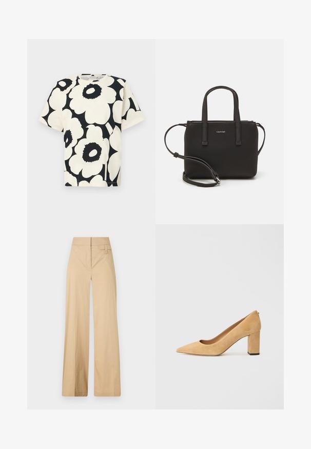 Kreemivärviline lühikeste varrukatega t-särk, millel on suur must lillemuster, ümar kaelus ja vabalt langev lõige, valmistatud pehmest puuvillast materjalist.; Beige laiad sääred püksid, mis on valmistatud puuvilla segakangast. Omavad siledat tekstuuri, elastset vöökohta ja külgmist nööbiga detaili.; Beežist nubukist kõrge kontsaga kingad, millel on terav nina ja massiivne plokkkonts. Materjal on pehme tekstuuriga ja sileda pinnaga.; Musthave mustrans vöö ja eemaldatav õlarihm. Gludike nahk siledaga, millel on tõmblukk ja logo detail.