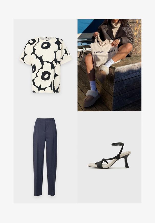 Krátky rukáv tričko v smotanovej farbe s veľkým čiernym kvetinovým vzorom, okrúhly výstrih a voľný strih, vyrobené z mäkkého bavlneného materiálu.; Tmavomodré na mieru šité nohavice so rovnými nohavicami, s vysokým pásom, skladkami a jedným gombíkom na zapínanie. Hladká textúra látky.; Čierne sandále na podpätku s pleteným pásikom, štvorcovou špičkou a nastaviteľným remienkom okolo členka. Svetlobéžová stielka s lesklým čiernym podpätkom.; Béžová taška cez rameno s nápisom "SAMSOE" vytlačeným dvakrát, hnedé papuče s bielym kožušinovým lemom, biele ponožky a hnedý kožušinový kabát na drevenom povrchu.