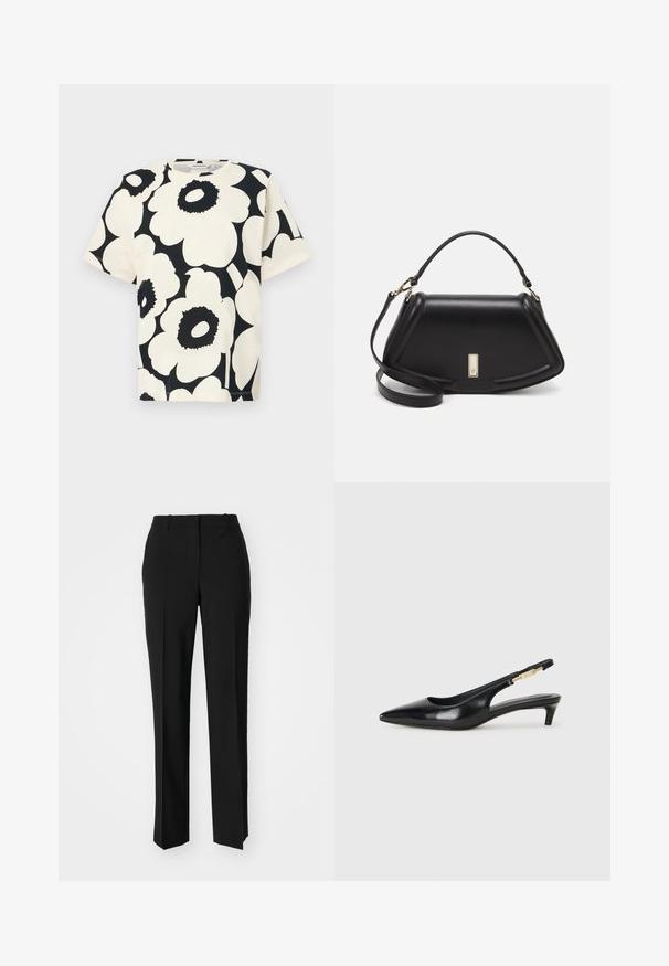 Lyhythihainen t-paita kerma värissä, jossa on suuri musta kukkakuosi, pyöreä kaula-aukko ja rento istuvuus, valmistettu pehmeästä puuvillamateriaalista.; Mustat räätälöidyt housut suoraa lahjetta, joissa on sileä pinta ja terävät taitteet edessä. Ei näkyvää metalliosaa.; Mustat nahkaiset slingback-korkokengät, joissa on terävä kärki, ohuet korot ja kultasävytteinen yksityiskohta säädettävässä hihnassa. Silkkinen pinta.; Mustalla nahkalaukulla, jossa on jämäkkä muotoilu, lyhyt malli, yläkahva ja kultaiset yksityiskohdat. Säädettävä olkahihna sisältyy.
