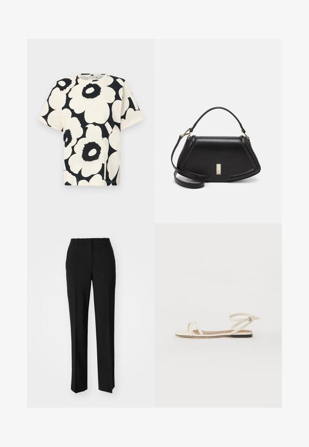 Kortermet T-skjorte i krem med stort svart blomstermønster, rund hals og avslappet passform, laget av mykt bomullsmateriale.; Sorte skreddersydde bukser med rett silhuett, med en glatt tekstur og klare pressede bretter foran. Ingen synlig maskinvare.; Flate sandaler i kremfarget skinn med tynne kryssremmer, ankelsremsbånd med spenne, minimalistisk design og en kontrasterende svart såle.; Sort lærveske med en strukturert design, som har en avkortet form, topphåndtak og detaljer i gull. Justerbar skulderstropp inkludert.