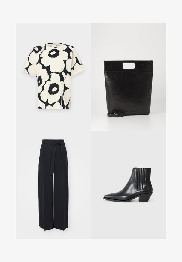 Short-sleeve t-shirt in cream with large black floral pattern, round neckline, and relaxed fit, made from soft cotton material.; Wide-leg black trousers made of soft fabric. Features a belted waistband and front pleats. Smooth texture with a clean, contemporary design.; Black leather ankle boot with pointed toe, elastic side panels with vertical grooves, and a low block heel. Smooth texture and sleek design.; Black leather tote bag with a square handle, featuring a textured finish and embossed logo. Includes a detachable strap.