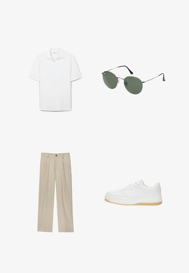 Weißes Poloshirt aus strukturiertem Baumwollstoff, mit klassischem Kragen, kurzen Ärmeln und geradem Saum. Einfaches Design, keine Muster.; Beige Hosen mit geradem Schnitt, ausgestattet mit einem einzelnen schwarzen Knopf, Gürtelschlaufen und Seitentaschen. Glatte Stofftextur und minimalistisches Design.; Weiße Ledersneaker mit strukturiertem Finish, ausgestattet mit Gummisohle, Schnürdesign und dezenten Streifenakzenten an den Seiten.; Metallgestellte Sonnenbrille mit ovalen grünen Gläsern. Dünner silberner Metallrahmen und schwarze Ohrstücke. Minimalistisches Design, keine sichtbaren Logos.