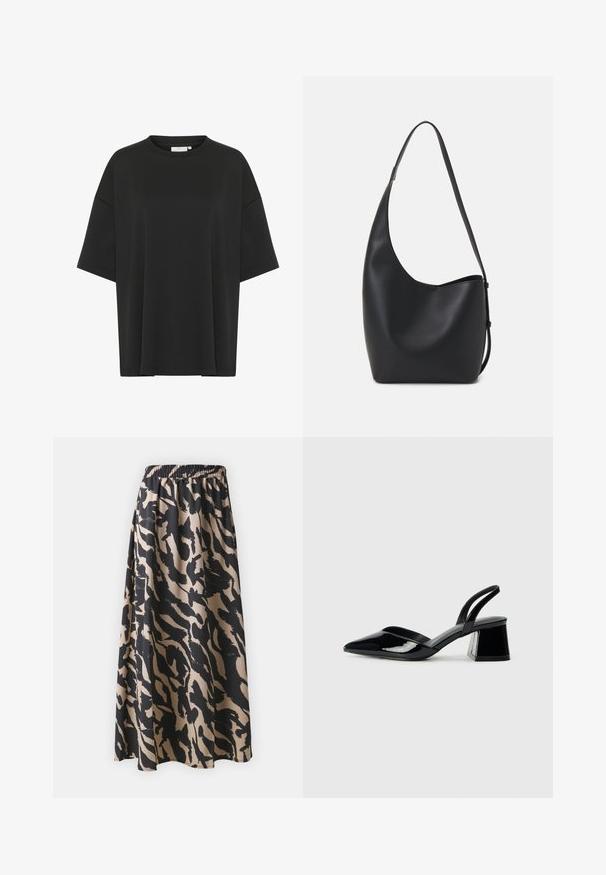 T-shirt nera oversize realizzata in tessuto morbido, con scollatura rotonda, maniche corte e orlo dritto senza decorazioni.; Gonna lunga nera e beige con fascia elastica in vita, caratterizzata da un motivo di stampa animale astratta e una silhouette fluida.; Décolleté in vernice nera con punta affusolata e tacco in geometria cubica. Presentano un design elegante e minimalista, con una texture liscia.; Borsa hobo nera in pelle con una superficie liscia, forma curvata e una singola tracolla regolabile; presenta un'ampia apertura nella parte superiore.