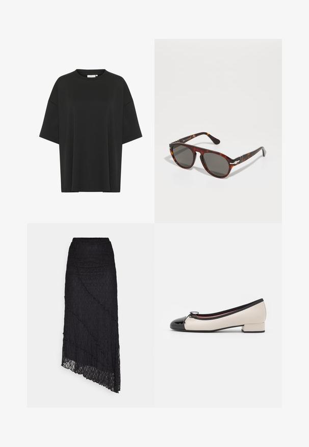 Mustuse must t-särk, millel on sile kangas, ümmargune kaelus, lühikesed varrukad ja sirge äär ilma dekoratsioonideta.; ONLY ONLKIM LACE SKIRT - Maksiseelik - black; Ballet-sandaalid mustast lakknahast varvasetail, kreemjas nahk keha ja väikese plokkninna. Omavad musta linti kaunistust.; Suuruselt mõõdus prillid hallide objektiividega. Sile plastikraam, ümar kuju, metallist aksessuaarid pea juures. Kerge peegeldav pind.