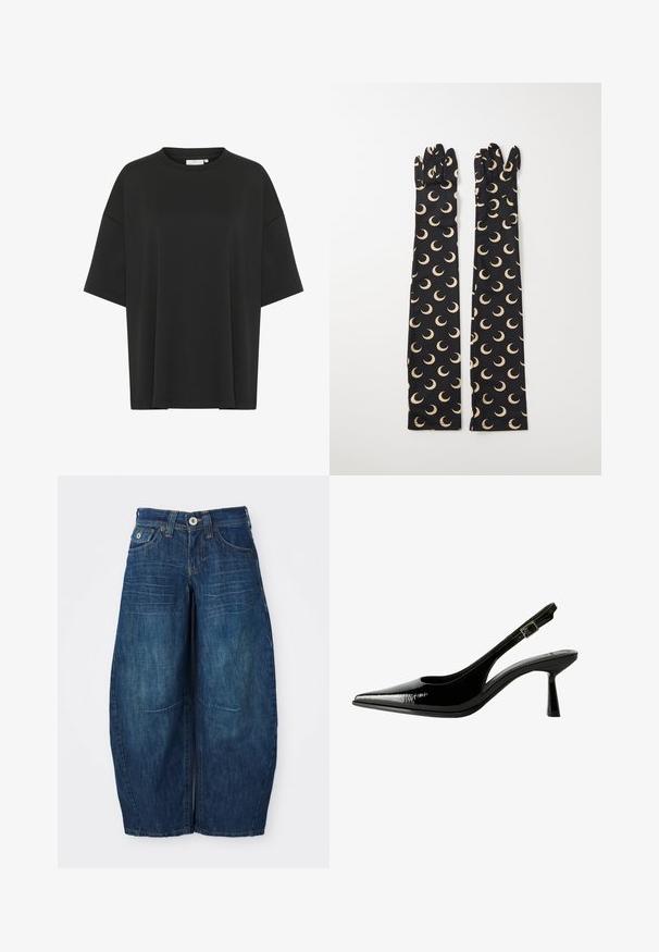 Schwarz oversized T-Shirt aus glattem Stoff, mit Rundhalsausschnitt, kurzen Ärmeln und geradem Saum ohne Verzierungen.; Dunkelblaue, weite Denim-Jeans mit Knopfverschluss, Gürtelschlaufen und sichtbaren Nähten auf weißem Hintergrund.; Schwarze Lackleder Slingback-Pumps mit spitzem Zeh, ausgeschnittenen Seiten, verstellbarem Knöchelriemen und einem dünnen, eleganten Absatz.; Schwarze Stoffhandschuhe mit einem schlanken, langen Design und einem Muster aus cremfarbenen Mondhalbkugeln. Glatte Textur mit enganliegenden Fingerspitzen.