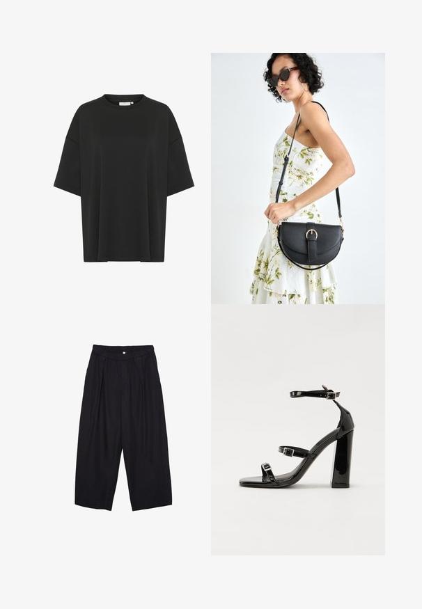 Black oversized t-shirt made of smooth fabric, featuring a crew neckline, short sleeves, and a straight hemline without embellishments.; Black polyester culotte pants with an elastic waistband, two front pleats, and a loose silhouette. No visible patterns or hardware details.; Black patent heeled sandals with a square toe, ankle straps, and silver buckles. Features a chunky block heel for stability.; Black leather handbag with a curved shape, detachable strap, and gold hardware. The bag features a flap with a buckle detail.