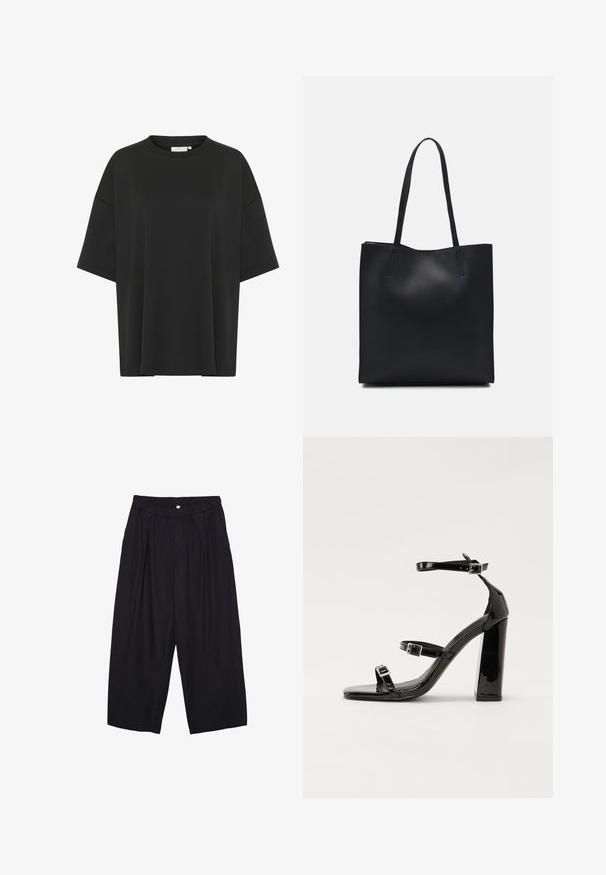 Schwarz oversized T-Shirt aus glattem Stoff, mit Rundhalsausschnitt, kurzen Ärmeln und geradem Saum ohne Verzierungen.; Schwarze Polyester-Culotte mit einem elastischen Bund, zwei vorderen Falten und einer lockeren Silhouette. Keine sichtbaren Muster oder Hardware-Details.; Schwarze patentierte Sandalen mit Absatz, quadratischer Spitze, Knöchelriemen und silbernen Schnallen. Mit einem stabilen Blockabsatz für mehr Stabilität.; Schwarze Laptoptasche aus Leder mit glatter Textur, rechteckiger Form und zwei langen Griffen. Keine sichtbaren Beschläge oder Verzierungen.