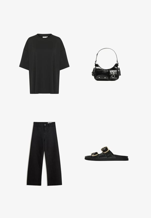 Schwarz oversized T-Shirt aus glattem Stoff, mit Rundhalsausschnitt, kurzen Ärmeln und geradem Saum ohne Verzierungen.; Schwarze weit geschnittene Jeans mit hoher Taille, ausgestattet mit Vorder- und Hintertaschen, gesteppten Nähten und einem Knopfverschluss. Glatte Textur.; Schwarze Riemensandale mit zwei goldenen Schnallendetails, glattem Material, flachem Sohlen und minimalistischer Gestaltung.; Schwarze Lackleder-Handtasche mit geschwungenem Design, einem Schulterriemen, Vordertaschen und silberfarbenen Hardware-Akzenten.
